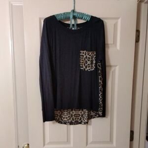 VENUS Black Long Sleeve Top with Leopard Accent Pocket and Hem